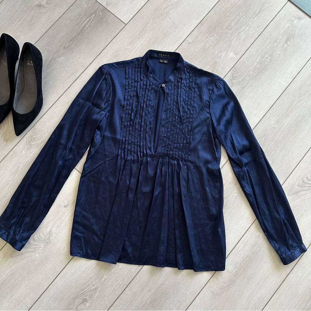 Theory Navy Glory Silk Shirt Blouse Top Size S